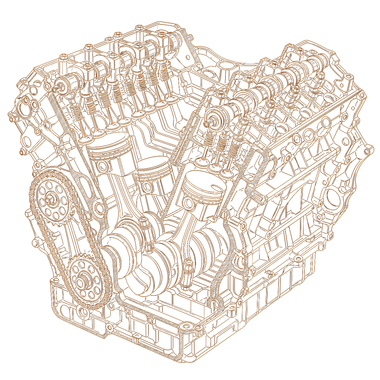 V8 engine cutaway technical illustration